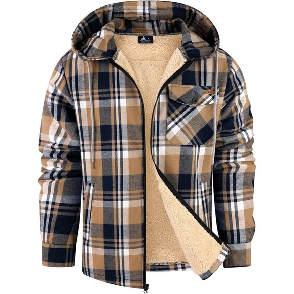 Other - Mens Hooded Deep Blue Plaid Fleece-Lined Zip-Up Jacket Warm Winter Flannel Coat
